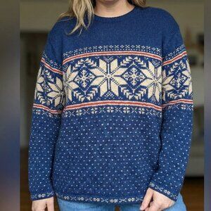 Lands End Women XL Blue Nordic Snowflake Shetland Wool Sweater Made Scotland